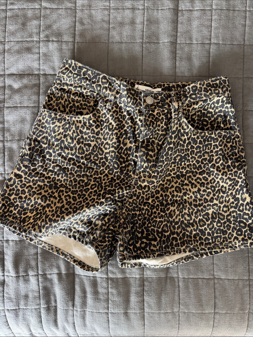 Mango Leopard Print High-Rise Jean Shorts in Tan and Black